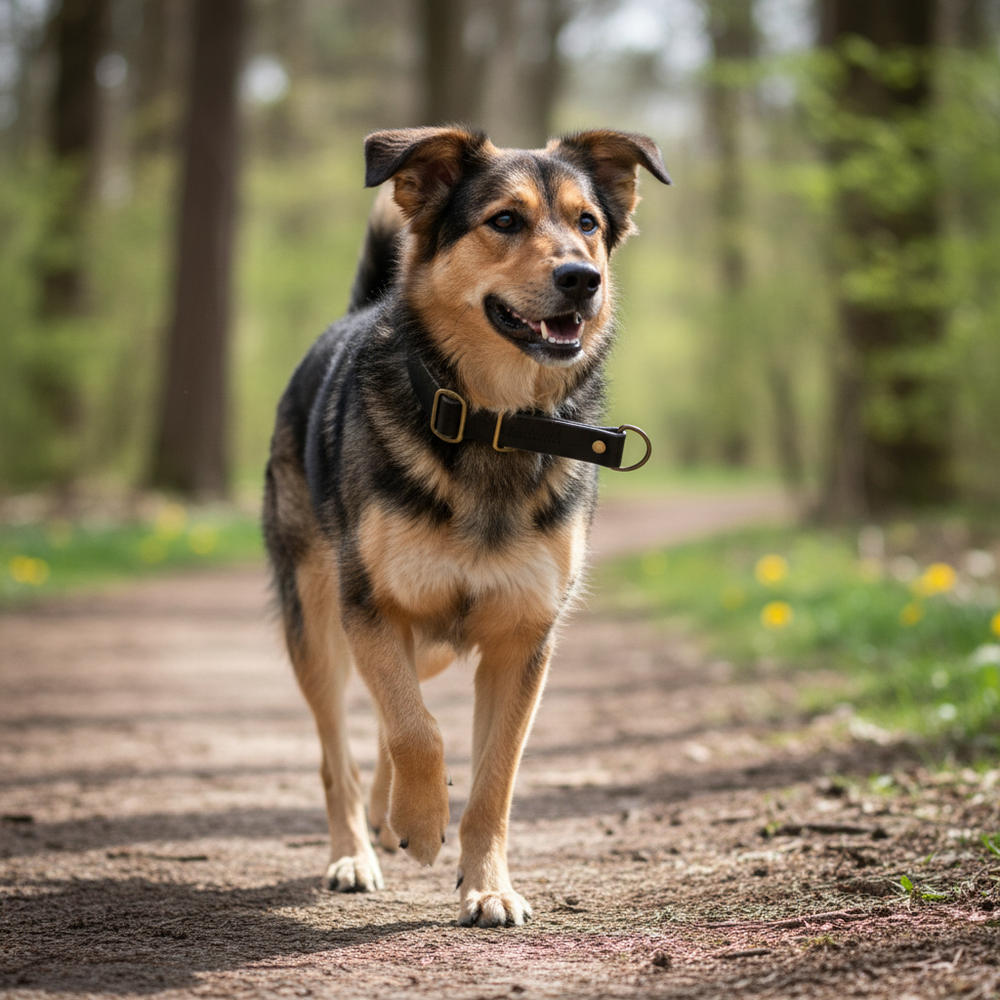 Fröhlicher Hund mit braun-schwarzem Fell auf einem Waldweg, trägt das Zugstopp Lederhalsband WALDSTREUNER.