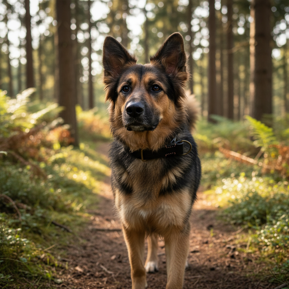 Hund auf einem Waldweg mit Zugstopp Lederhalsband Waldgeist, umgeben von Bäumen und grünen Pflanzen.