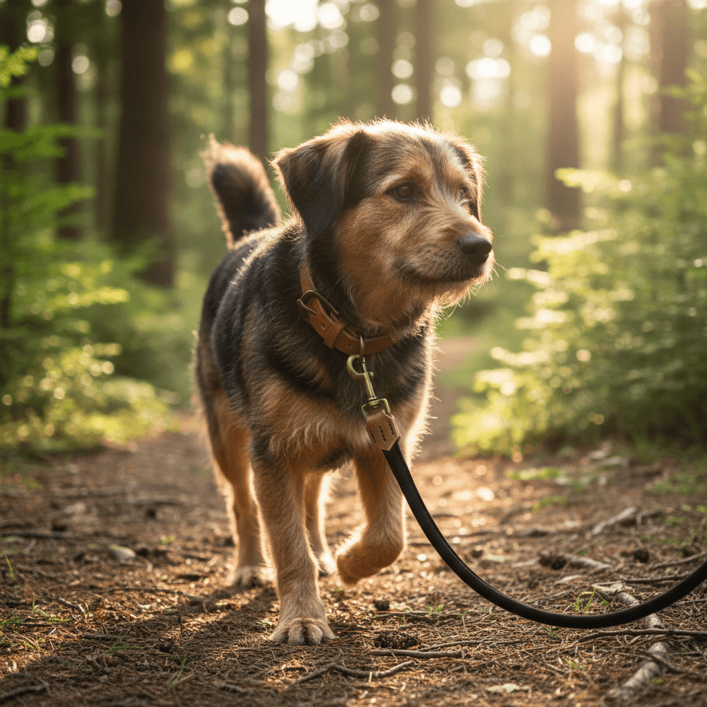 Hund mit Wildlederleine auf grünem Waldweg, umgeben von Bäumen, sonniges Wetter, braunes Fell mit schwarzem Muster.