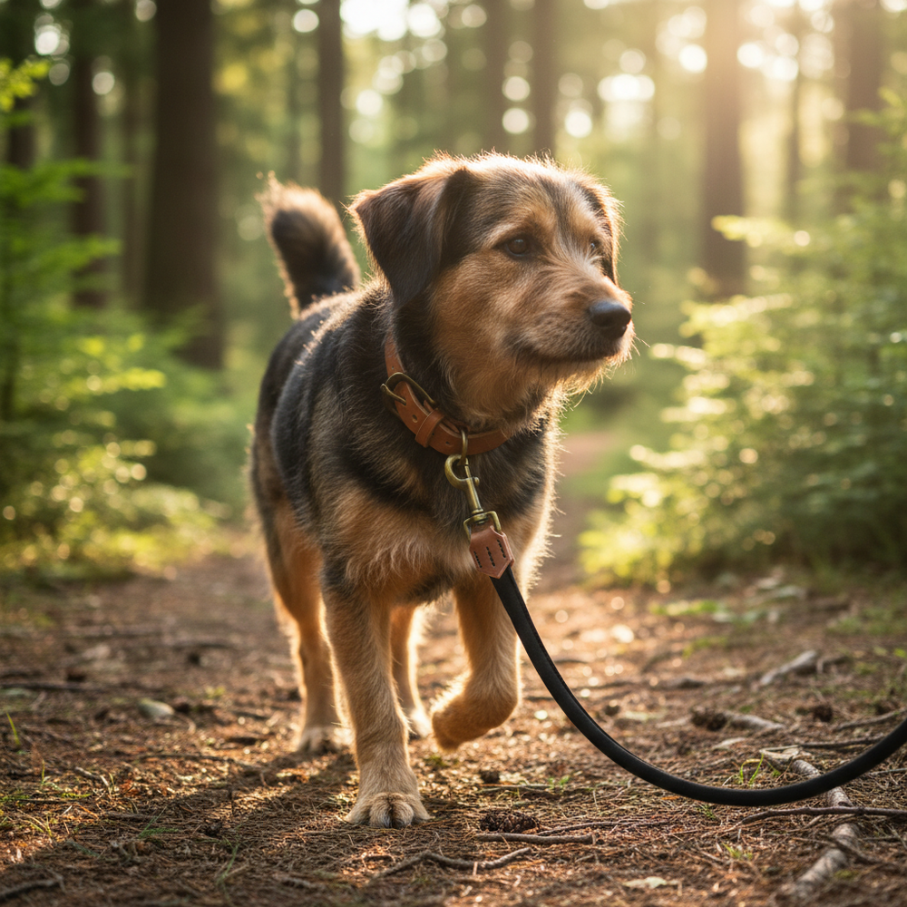 Hund mit Wildlederleine auf grünem Waldweg, umgeben von Bäumen, sonniges Wetter, braunes Fell mit schwarzem Muster.