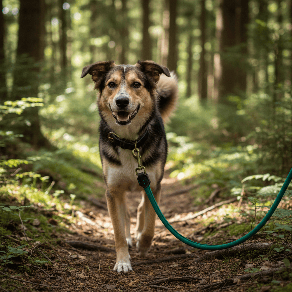 Fröhlicher Hund auf Waldweg mit Wildlederleine und Geschirr, umgeben von grünen Bäumen und Pflanzen.