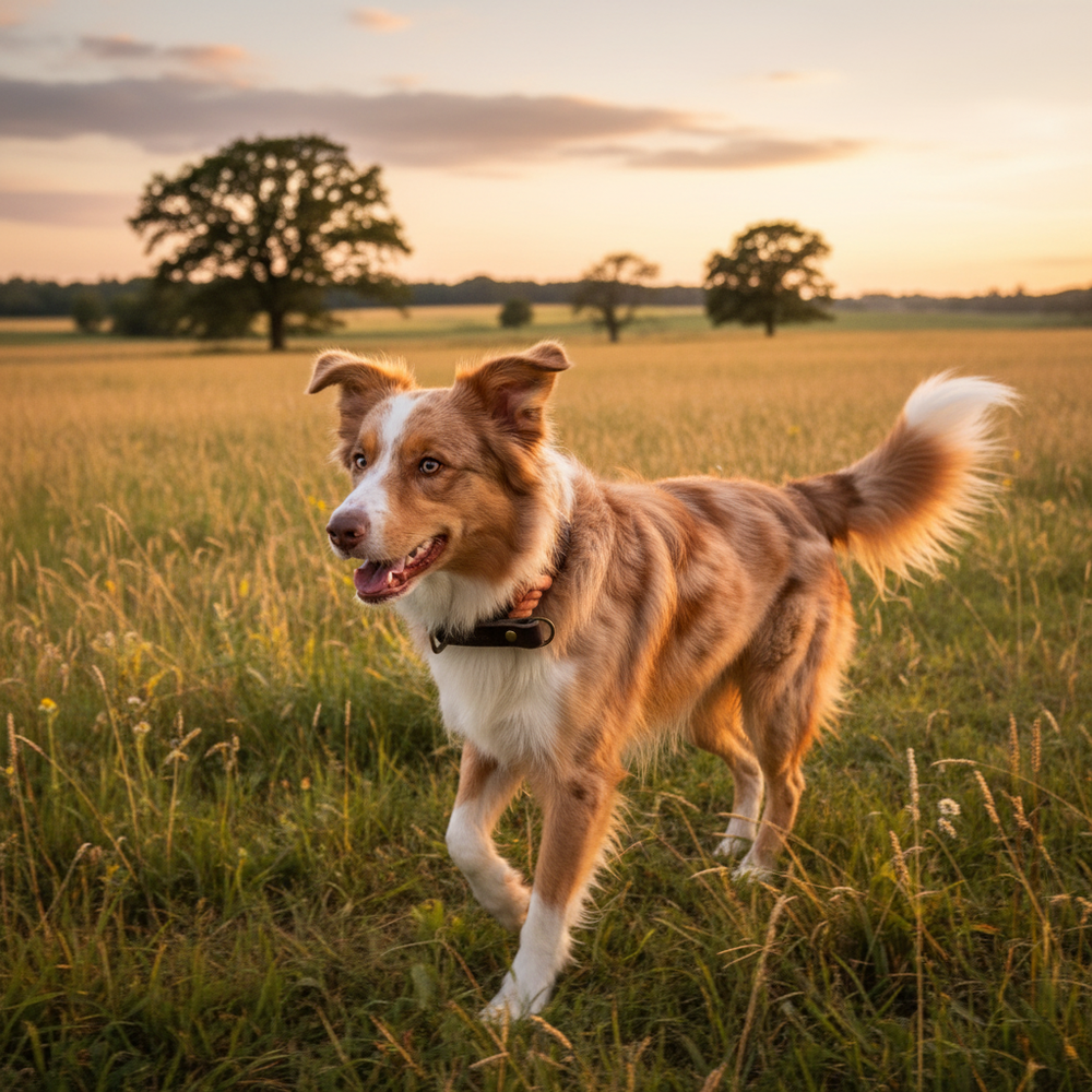 Braun-weißer Hund spielt glücklich im grünen Feld bei Sonnenuntergang, trägt das Zugstopp Tauhalsband Ahoi.