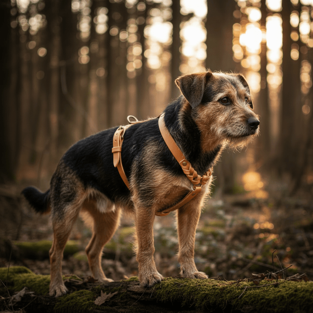 Hund mit braun-schwarzem Fell trägt hellbraunes Ledergeschirr WALDSTREUNER auf moosbedecktem Baumstamm im Wald.