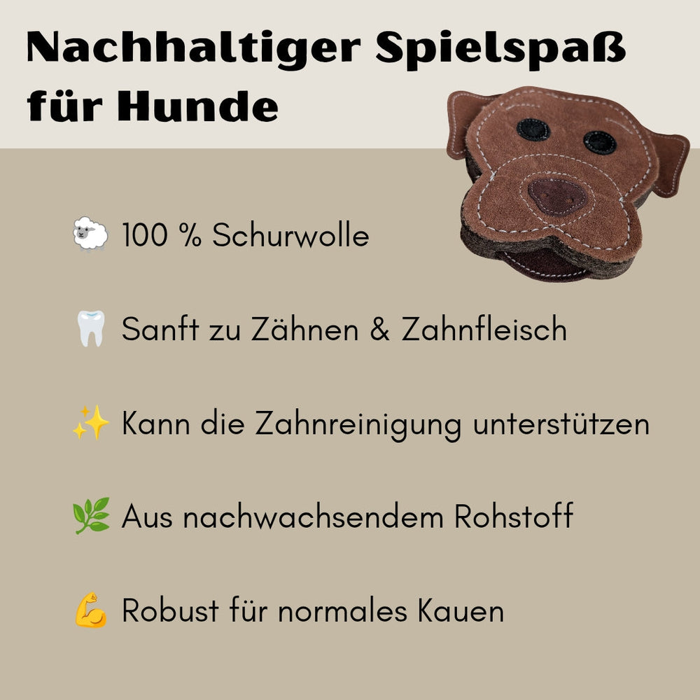Nachhaltiges Hundespielzeug in Hundekopf-Form aus 100% Schurwolle, schonend für die Zähne und ideal für umweltbewusste Hundebesitzer.