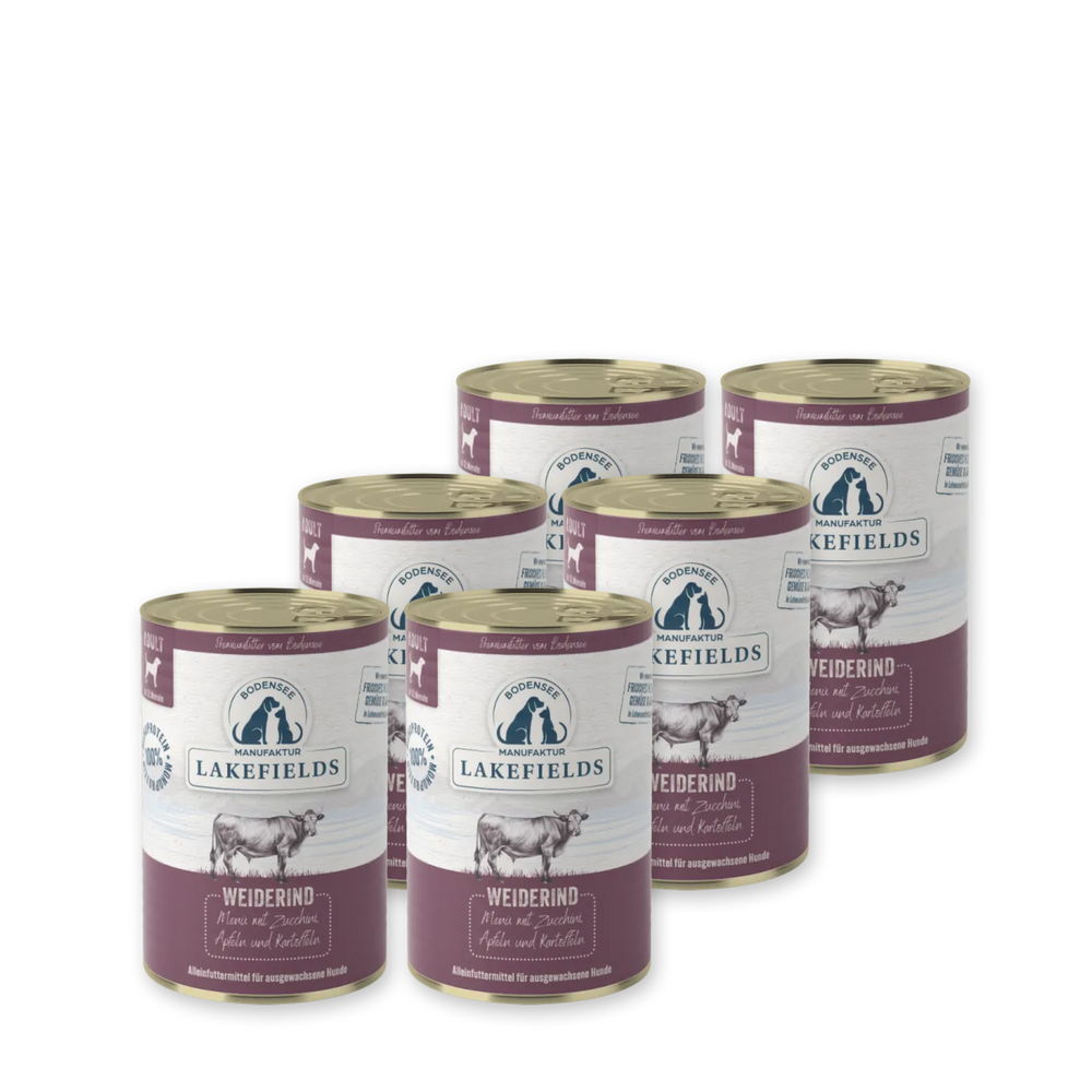 Sechs Dosen Lakefields Nassfutter-Menü Rind für Erwachsene, lila-weißes Etikett mit goldenem Deckel.