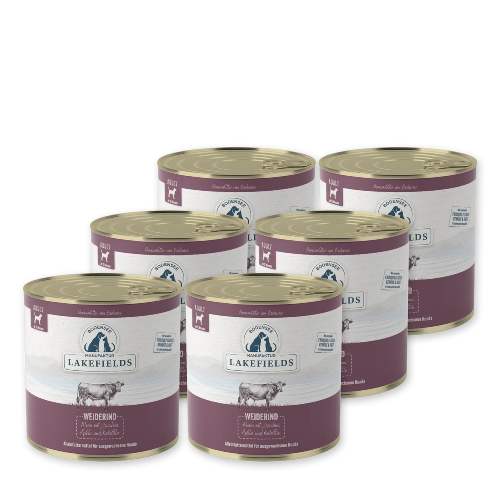 Sechs Dosen Lakefields Nassfutter-Menü Rind für Erwachsene in eleganter Verpackung mit hellem Design.