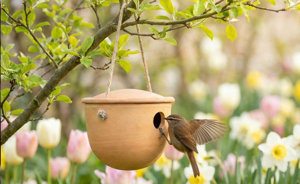 "Vogelhaus aus Ton für Zaunkönige und Meisen, hängend an einem Baum mit bunten Frühlingsblumen im Hintergrund."