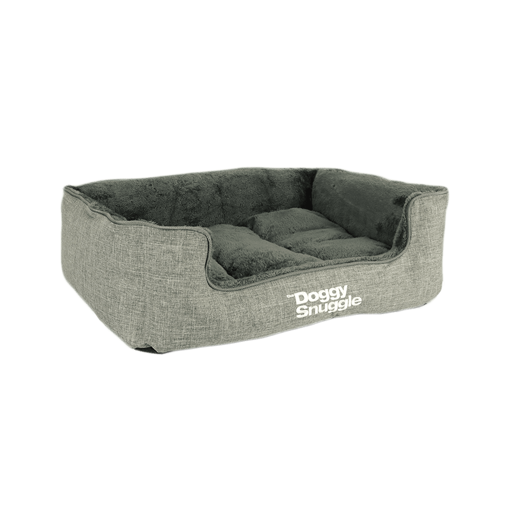 Rechteckiges Hundebett mit grauem Außenmaterial und dunklem, weichem Innenbereich für optimalen Komfort.