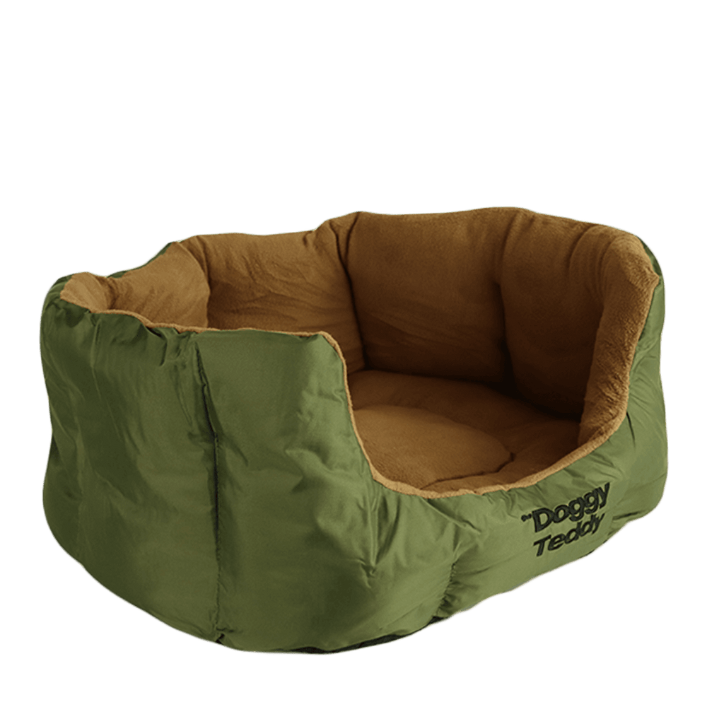 Hundebett in rundem Design, grün mit beiger Innenseite, bietet optimalen Komfort für Ihren Hund.
