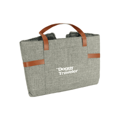 Graue Tragetasche "Doggy Traveler" mit braunen Ledergriffen, modern und strapazierfähig für unterwegs.