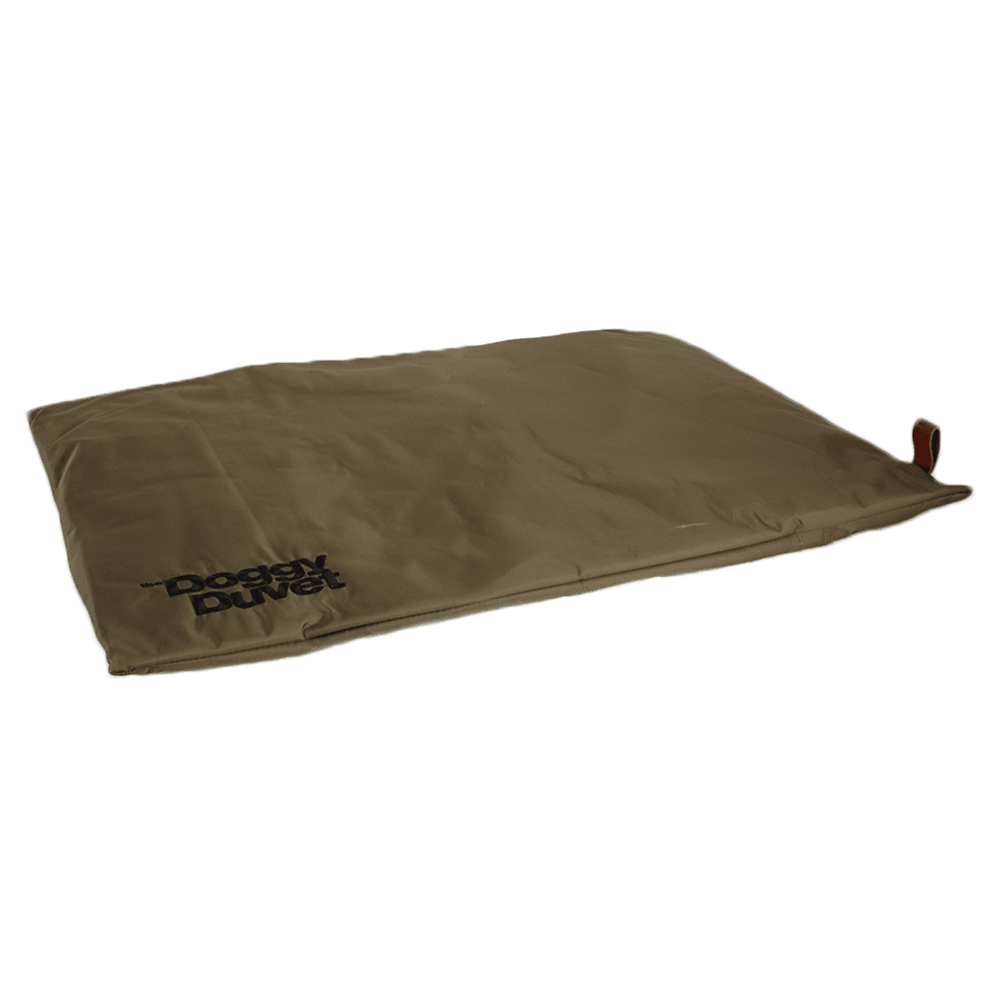 Hunde-Bett "Doggy Duvet" in Beige mit rechteckiger Form und dunklem Schriftzug. Ideal für gemütliche Ruhemomente.