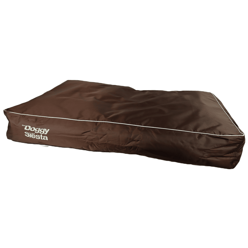 Braunes Hundebett "DoggySiësta X-Treme" mit rechteckigem Design und weißer Kante.