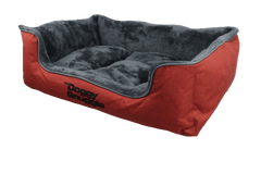 Rotes Hundebett mit grauer, gepolsterter Innenfläche und kuscheligem Schriftzug "Doggy" für gemütliche Stunden.