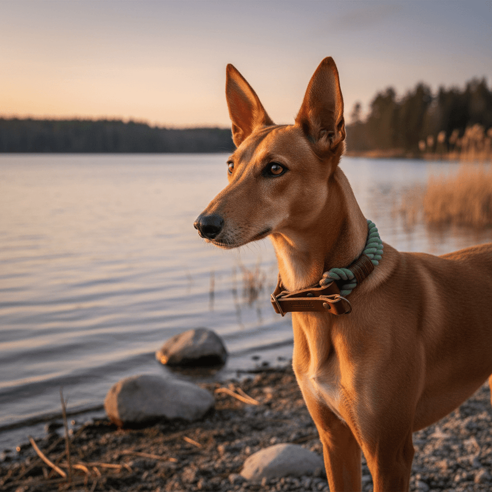 Brauner Hund mit spitzen Ohren am See, trägt ein Zugstopp Tauhalsband Ahoi aus Leder und grüner Kette.