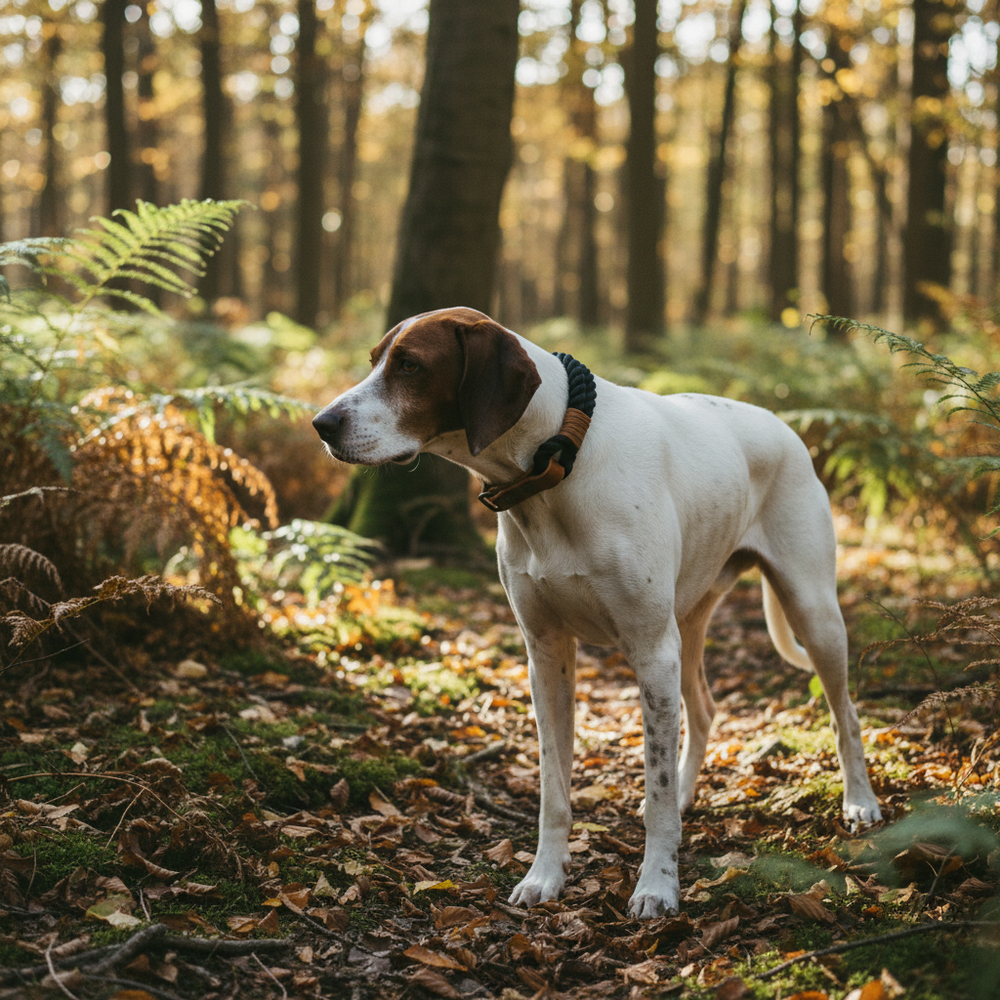 Hund mit weiß-braunem Fell im Wald, umgeben von Laub und grünen Farnen, trägt ein Zugstopp Tauhalsband Ahoi.