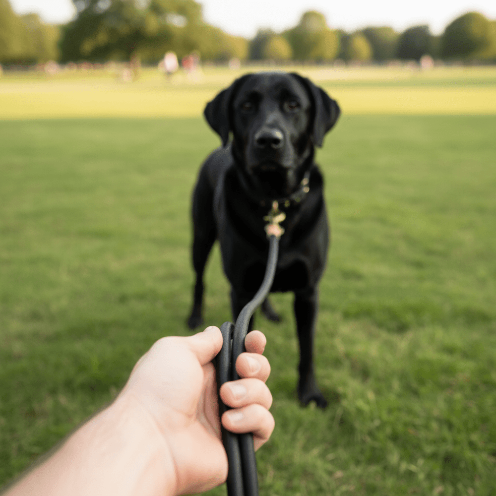 Schwarzer Labrador mit Schleppleine, freundlich in die Kamera schauend, vor unscharfer Parklandschaft.