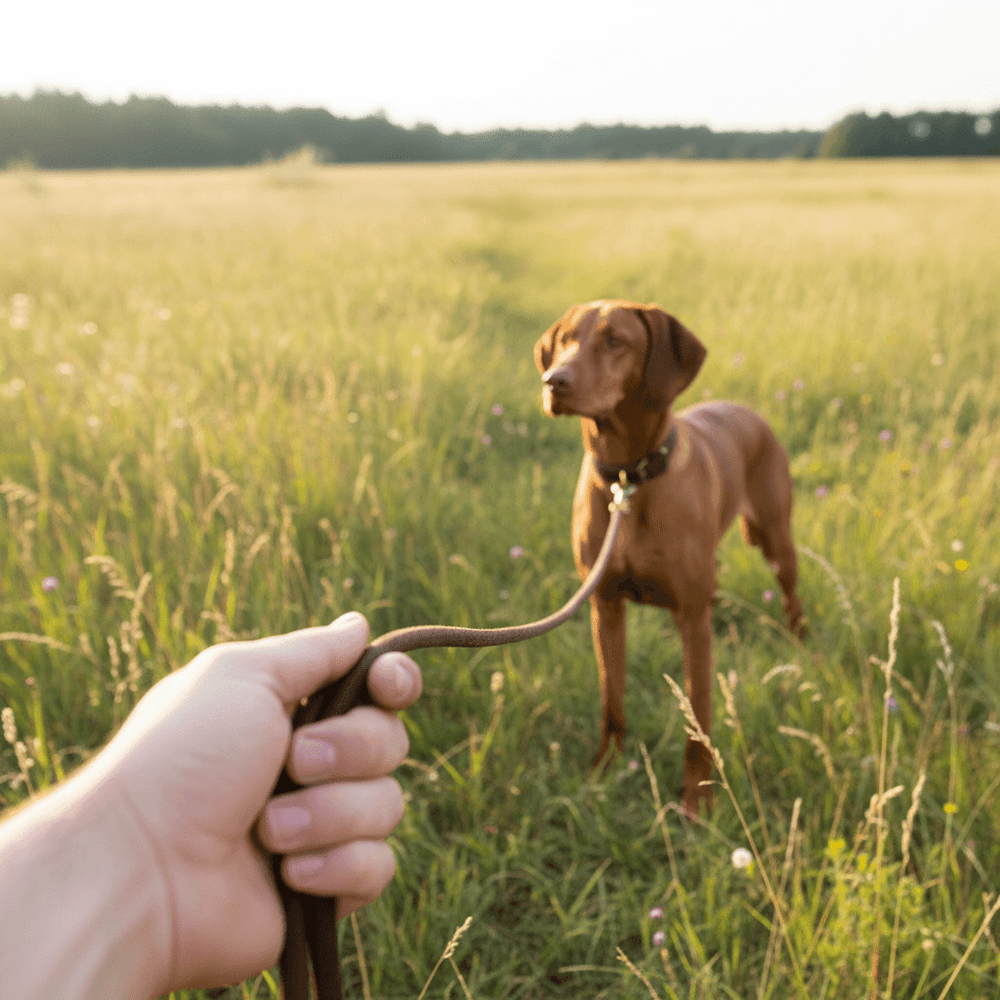 Hund mit Schleppleine im hohen Gras, spielt unter strahlendem Sonnenschein auf einem Feld.