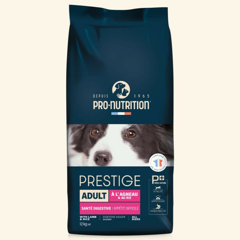 12 kg Sack Prestige Adult Exigent Hundefutter mit Lamm & Reis für ausgewachsene Hunde von Pro-Nutrition in blauer Verpackung.