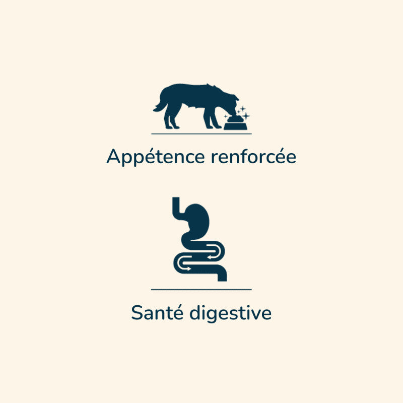 Symbol für verstärktes Appetitanregen in Tierfutter mit Tier, das an Futternapf frisst.
