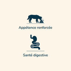 Symbol für verstärktes Appetitanregen in Tierfutter mit Tier, das an Futternapf frisst.