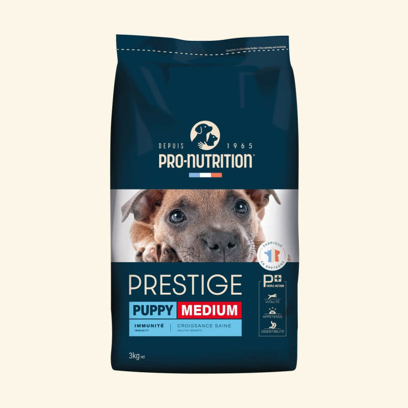3 kg Sack Pro-Nutrition Hundefutter "Prestige Puppy Medium" in Blau und Schwarz mit süßem Welpenmotiv.
