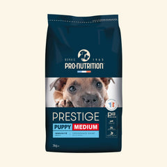 3 kg Sack Pro-Nutrition Hundefutter "Prestige Puppy Medium" in Blau und Schwarz mit süßem Welpenmotiv.