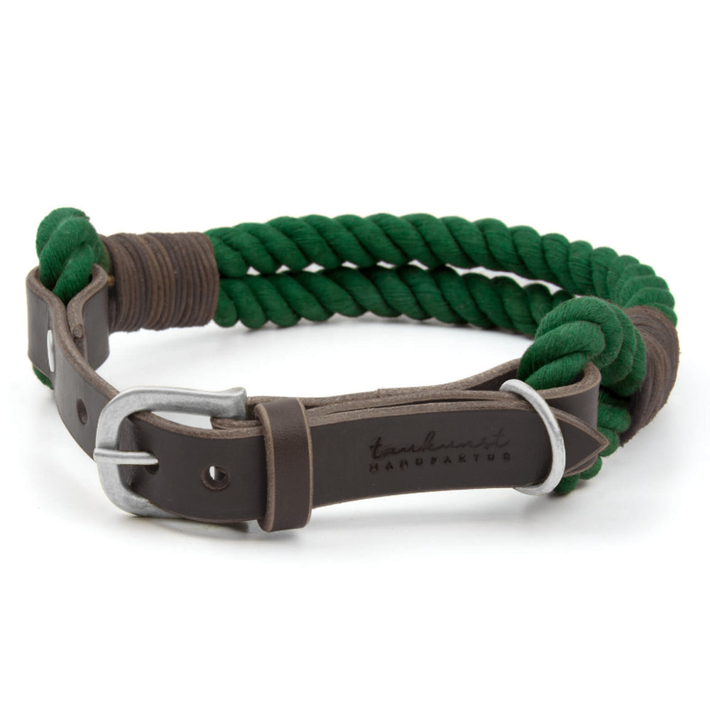 Grünes geflochtenes Welpenhalsband aus Tau mit braunem Leder und silberfarbenem rechteckigem Verschluss.