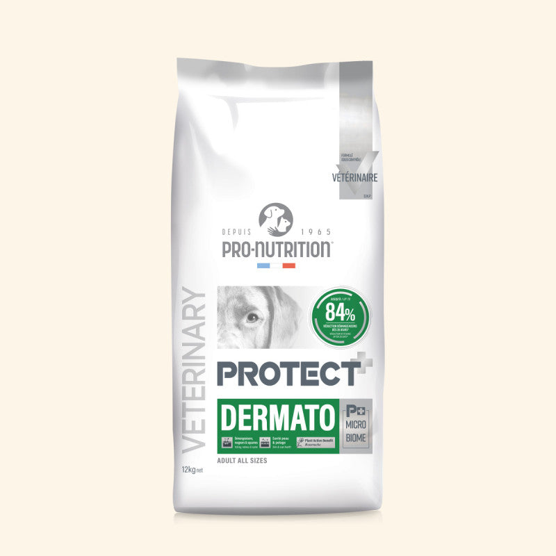 Verpackung von Pro-Nutrition Protect+ Dermato Hundefutter für erwachsene Hunde aller Größen, optimal für die Hautgesundheit.