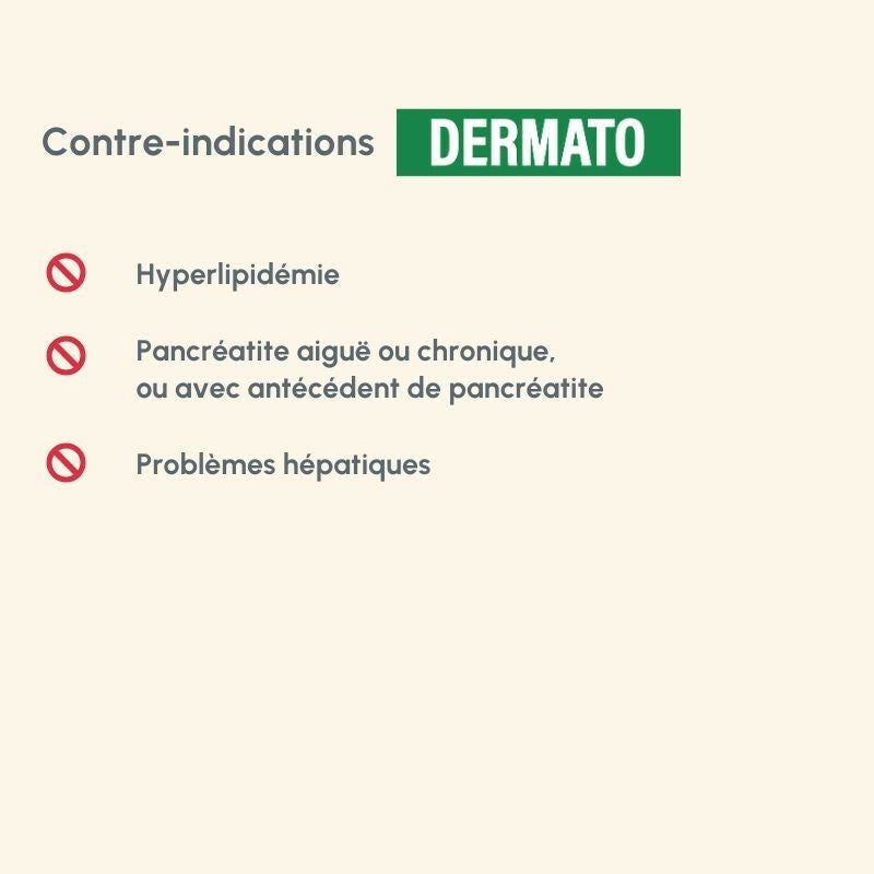 Titel "Dermato" in grüner Schrift mit Kontraindikationen in schwarzer Schrift. Wichtige Informationen für Hundebesitzer.