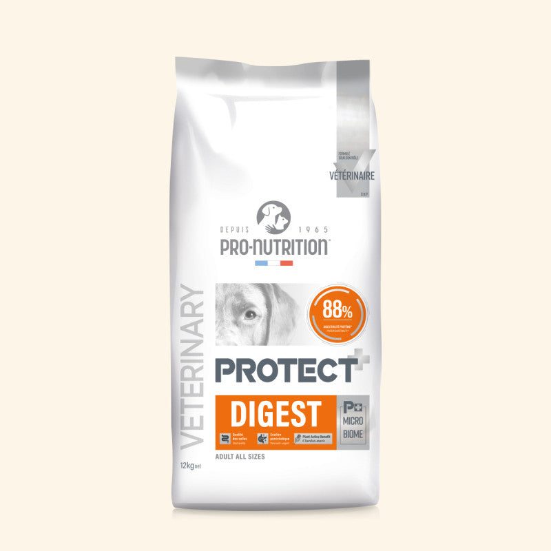 Weiße Tiernahrungsverpackung "PROTECT+ DIGEST" von PRO-NUTRITION, mit orangefarbener Schrift, speziell für die Verdauung.