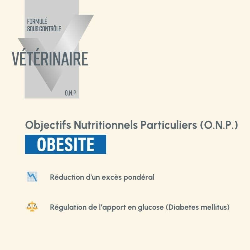 Produktverpackung "Vétérinaire" für Hunde mit speziellen Ernährungszielen zur Bekämpfung von Übergewicht.