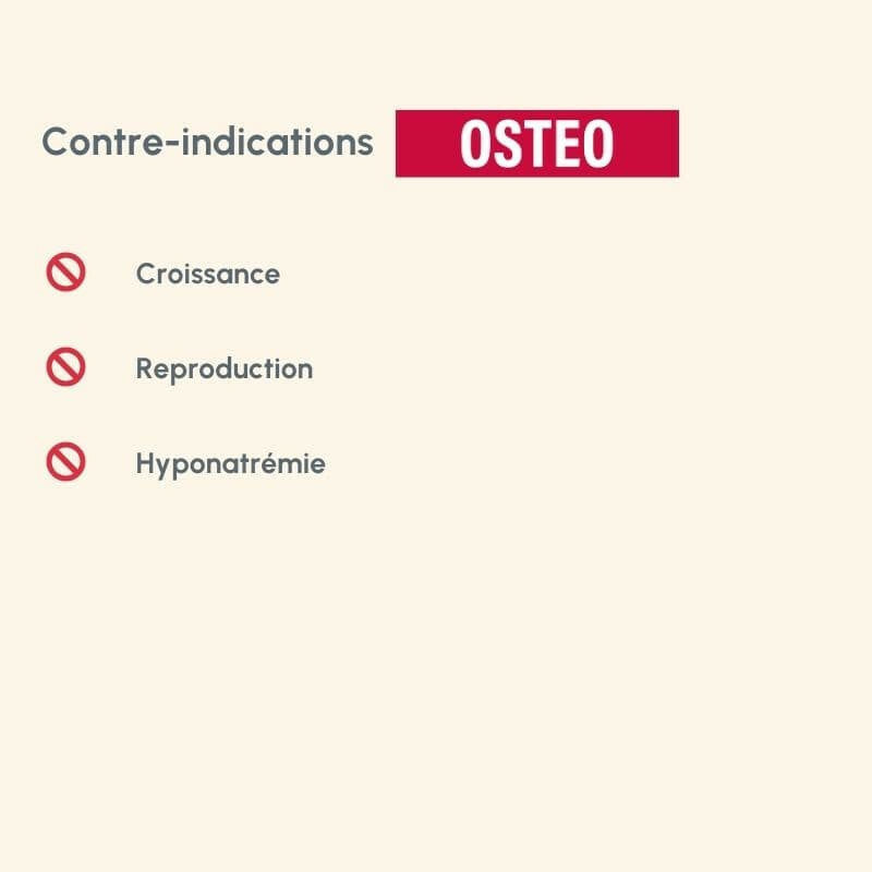 Liste der Gegenanzeigen für Protect Chien Ostéo mit durchgestrichenen Symbolen für wichtige Warnungen.