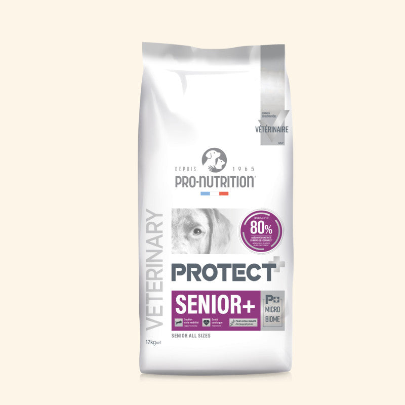 PROTECT+ SENIOR+ von PRO-NUTRITION, 12 kg Tierfutter für Seniorenhunde aller Größen in weißem Sack.
