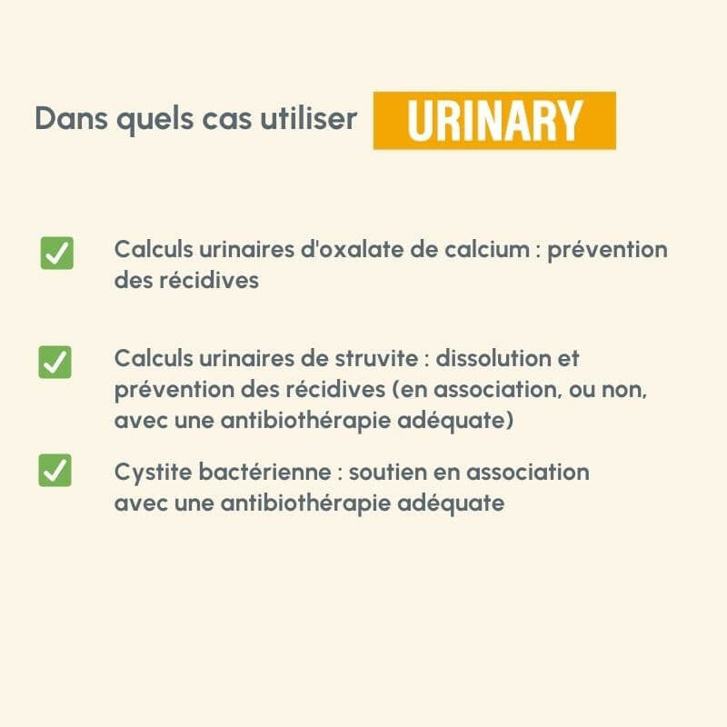 "Anwendung des Produkts URINARY: Prävention von Calciumoxalatsteinen und Behandlung von Struvitsteinen bei Hunden."