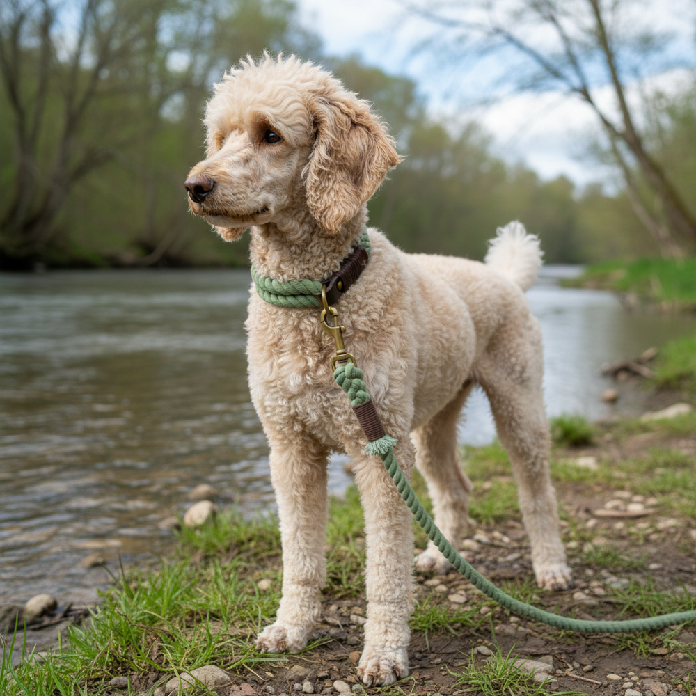 Heller Pudel an leichter Leine am ruhigen Fluss mit grünem Ufer im Hintergrund.