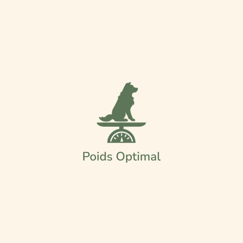 Minimalistisches Logo von Pure Life mit stilisiertem Hund auf Waage und dem Schriftzug „Poids Optimal“ in grüner Schrift.
