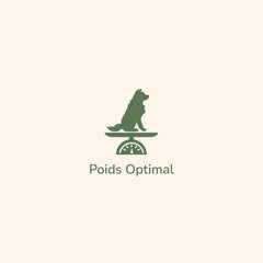 Minimalistisches Logo von Pure Life mit stilisiertem Hund auf Waage und dem Schriftzug „Poids Optimal“ in grüner Schrift.