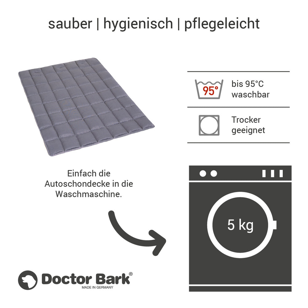 Graue Autoschondecke von Doctor Bark, waschbar bis 95°C, hygienisch und perfekt für saubere Autofahrten.