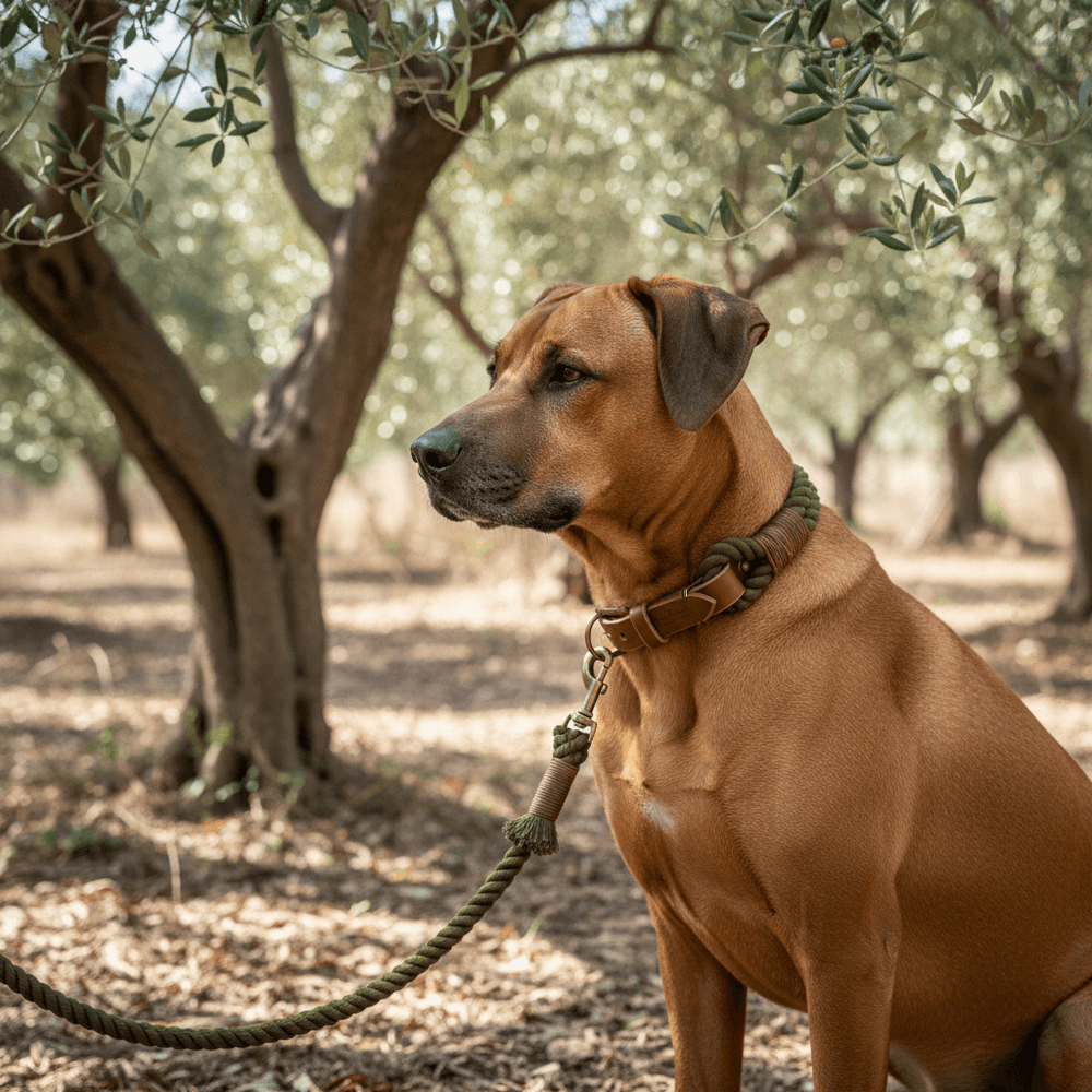 Rhodesian Ridgeback sitzt an der Leine inmitten von Olivenbäumen, aufmerksam in die Ferne schauend.