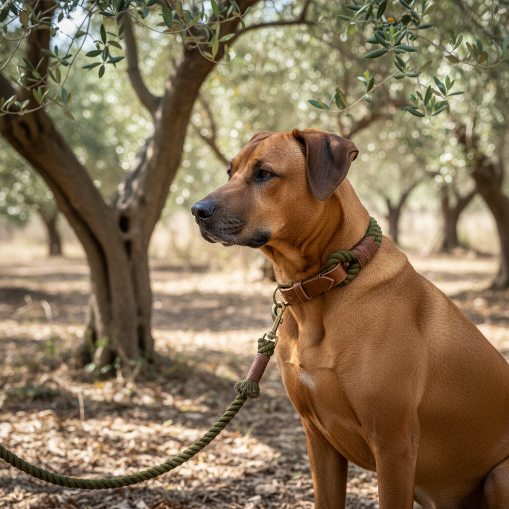 Brauner Hund, möglicherweise Ridgeback, sitzt unter einem Olivenbaum mit grünem geflochtenem Halsband.