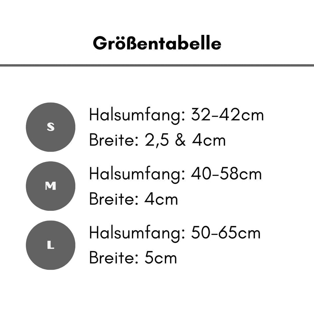 Größenübersicht für Nylon Tactical Halsbänder: S, M, L mit Halsumfang und Breiten in cm, übersichtlich dargestellt.