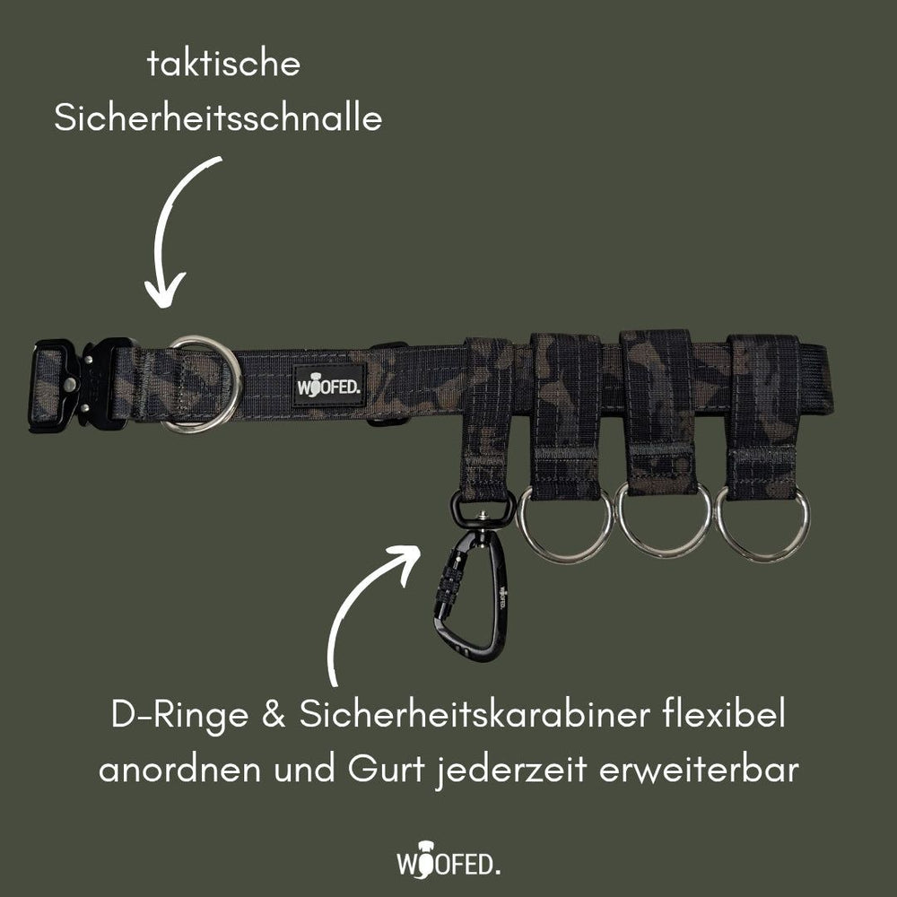 Verstellbarer Gassigürtel im Camouflage-Design mit D-Ringen, Karabiner und Sicherheits schnalle für optimalen Halt.