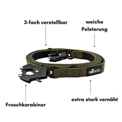 Nylon Führleine mit Froschkarabiner in olivgrün, robust, mit weicher Polsterung und stabiler Vernähung für aktive Hundehalter
