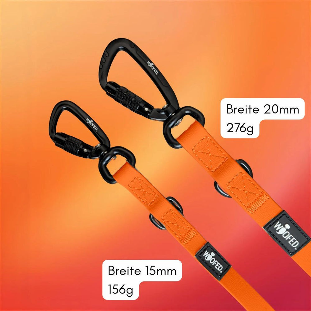 Hundeleinen WOOFLEX® Pro in verschiedenen Breiten: links 20 mm, rechts 15 mm, ideal für unterschiedliche Hunderassen.