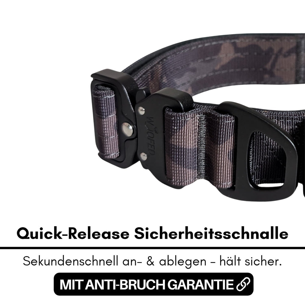 "Ultraleichtes Nylonhalsband mit Quick-Release Schnalle in Grau-Schwarz und stylischem Camouflage-Muster."