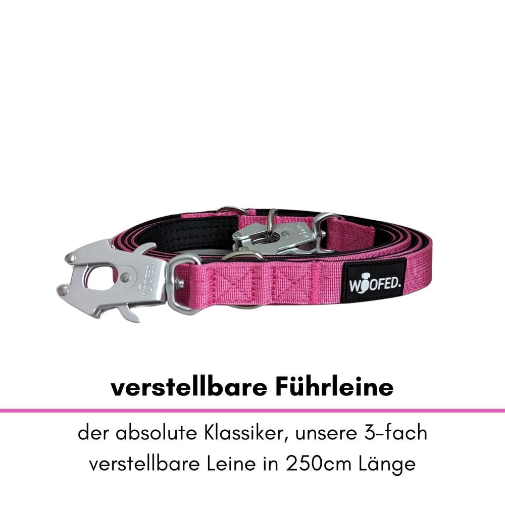 Verstellbare pinke Führleine mit Froschkarabiner, 250 cm lang, gepolstert und mit WOOFED-Logo.