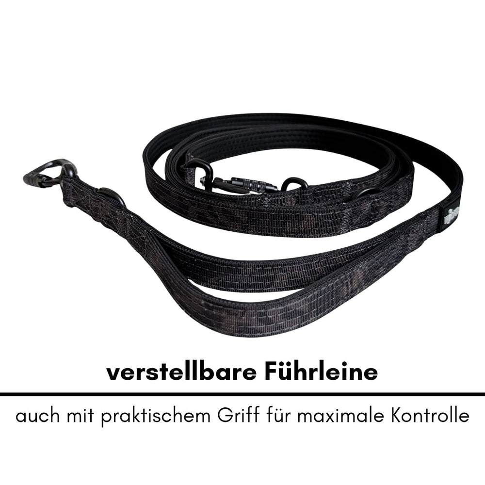 Verstellbare schwarze Führleine aus Nylon mit Sicherheitskarabiner und praktischen Griff für optimale Kontrolle über Ihren Hund.