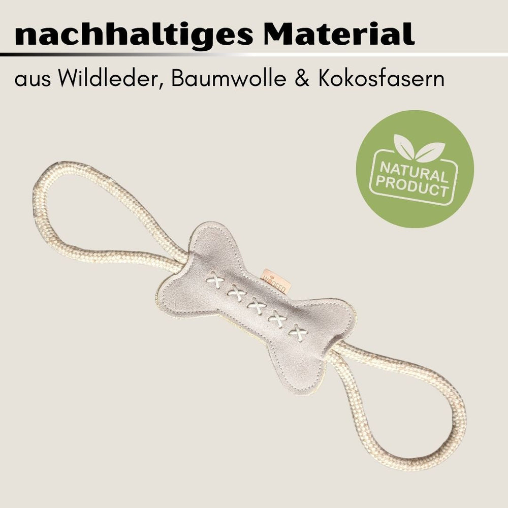Nachhaltiges Hundespielzeug Knochen Kurt mit Seil aus Wildleder und Baumwolle für aktives Spielen und Zerren.