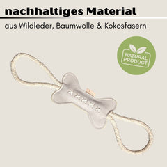 Nachhaltiges Hundespielzeug Knochen Kurt mit Seil aus Wildleder und Baumwolle für aktives Spielen und Zerren.