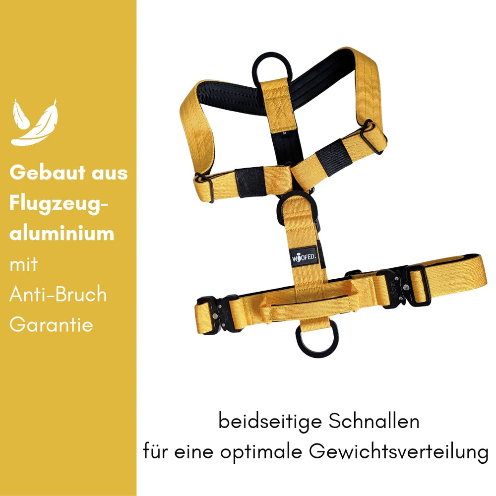 "Y-Hundegeschirr aus Aluminium mit Anti-Bruch-Garantie, gelb, mit beidseitigen Schnallen für optimale Gewichtsverteilung."